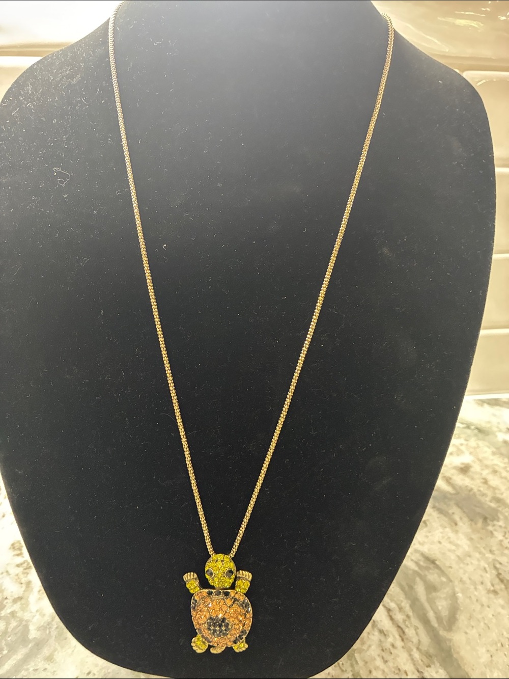 Gold-Tone Turtle Pendant Necklace with Yellow and Orange Crystals